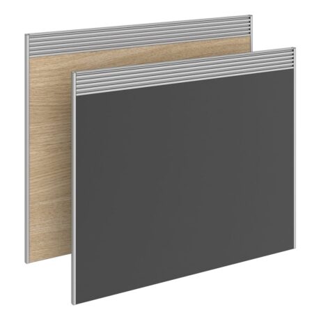 Freestanding floor standing system screens in wood and dark grey finishes for privacy in open-plan spaces.