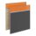 Freestanding system screens with orange acrylic tops and contrasting wood and grey finishes for privacy in open-plan spaces.
