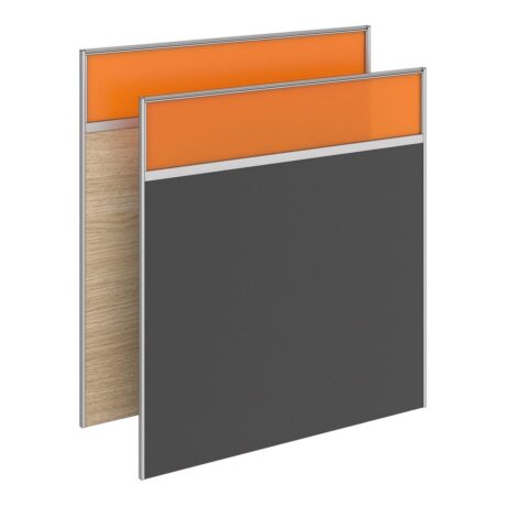 Freestanding system screens with orange acrylic tops and contrasting wood and grey finishes for privacy in open-plan spaces.