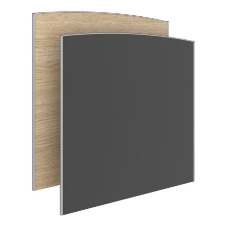 Curved floor standing system screens in wood and dark grey finishes for flexible privacy in open-plan offices.