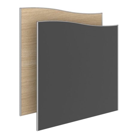Curved floor standing system screens in wood and dark grey finishes for privacy and noise control in open-plan spaces.