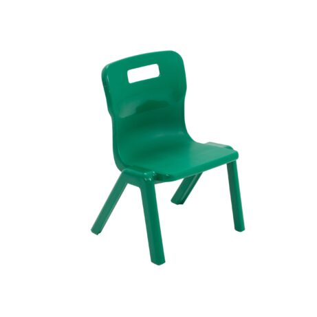 Titan One Piece Chair, Size 1, in vibrant green, with a sturdy plastic design and cut-out handle.
