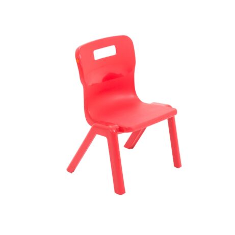 Titan One Piece Chair, Size 1, in bright red, featuring a handle cutout and sturdy legs.