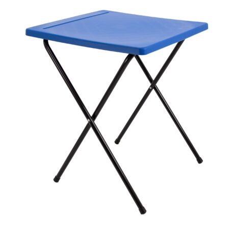 Titan Exam Desk in blue, featuring a square top and black folding legs. Ideal for educational settings.