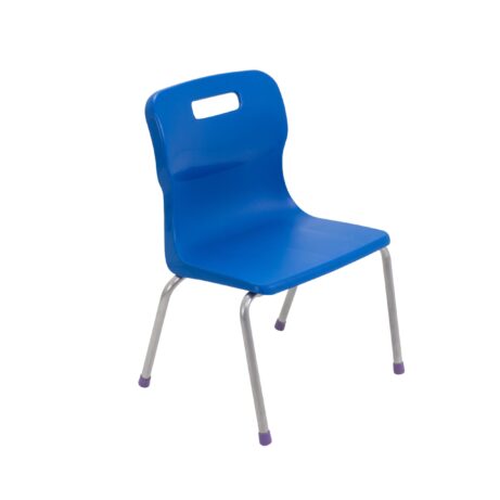 Titan 4 Leg Chair, Size 2, blue plastic seat with metallic legs and purple foot caps.
