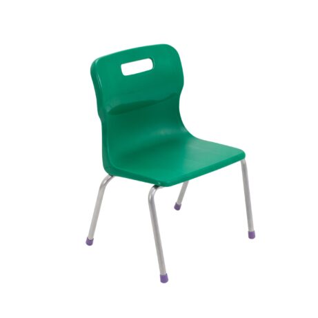 Titan 4 Leg Chair, Size 2, green plastic seat with silver legs and purple feet. Ideal for classroom or office use.