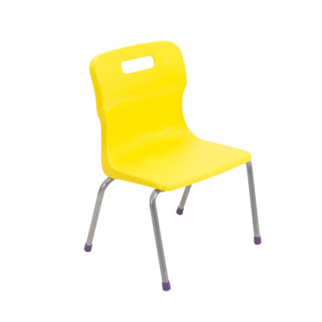 Titan 4 Leg Chair, Size 2, featuring a bright yellow plastic seat and steel legs with purple caps.