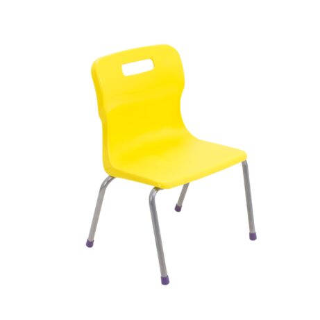 Titan 4 Leg Chair, Size 2, featuring a bright yellow plastic seat and steel legs with purple caps.