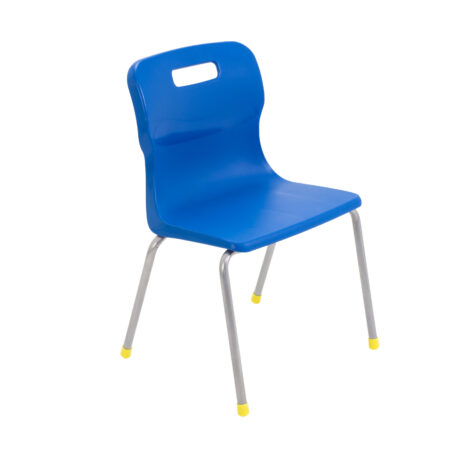 Titan 4 Leg Chair, Size 3, blue plastic seat with gray metal legs and yellow tip caps.