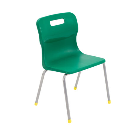 Titan 4 Leg Chair, Size 3, green plastic seat with chrome legs and yellow tips.