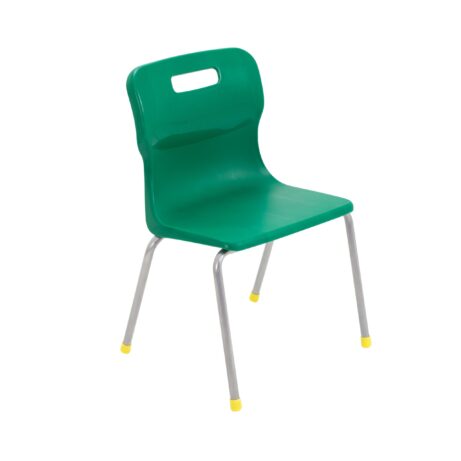 Titan 4 Leg Chair, Size 3, green plastic seat with chrome legs and yellow tips.