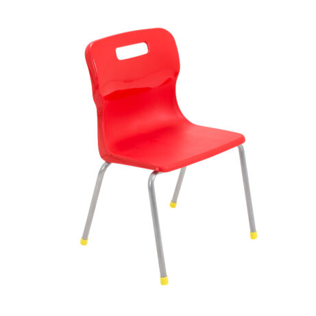 Titan 4 Leg Chair, Size 3, red plastic seat with grey metal legs and yellow feet caps.