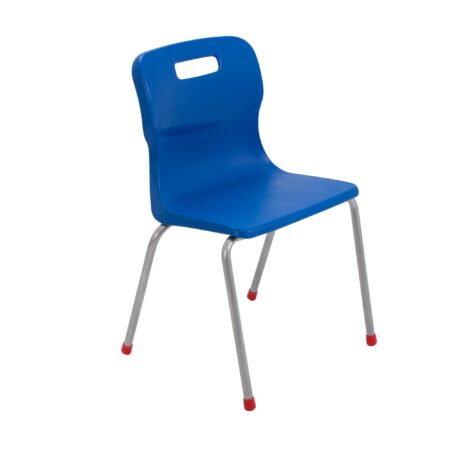 Titan 4 Leg Chair, Size 4, blue plastic seat with a handle, silver metal legs and red rubber tips.