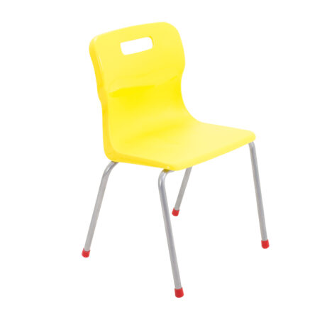 Titan 4 Leg Chair, Size 4, in yellow with a plastic seat and chrome legs, featuring red foot caps.