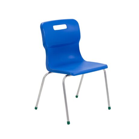 Titan 4 Leg Chair, Size 5, blue plastic seat with silver legs, featuring a handle cutout on the back.