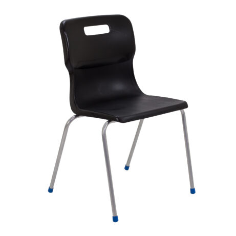 Titan 4 Leg Chair, Size 6, black plastic seat, chrome legs with blue plastic feet.