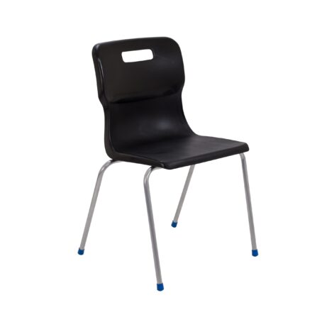 Titan 4 Leg Chair, Size 6, black plastic seat, chrome legs with blue plastic feet.