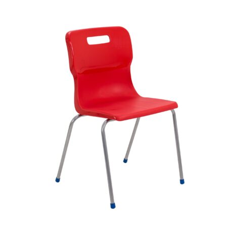 Titan 4 Leg Chair, Size 6, featuring a red plastic seat and chrome legs with blue caps.