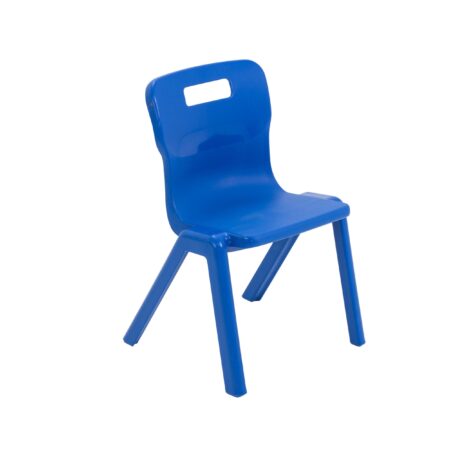 Titan One Piece Chair, Size 2, in vibrant blue color, featuring a sturdy design and built-in handle.
