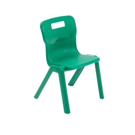 Titan One Piece Chair, Size 2, in vibrant green, with a sturdy plastic body and angled legs for stability.