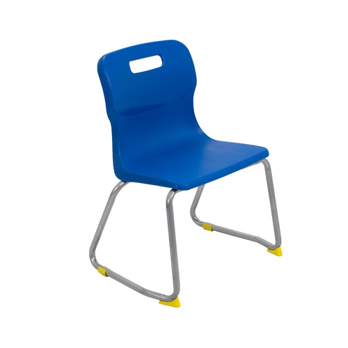 Titan Skid Base Chair in blue with a steel frame and anti-tilt skid base, stackable up to four high for active classrooms.