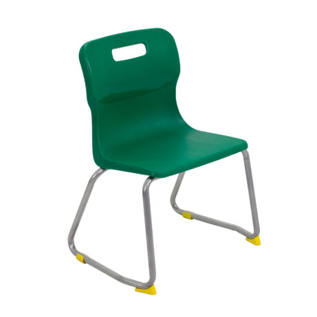 Titan Skid Base Chair, Size 3, featuring a green plastic seat and silver frame with yellow foot caps.