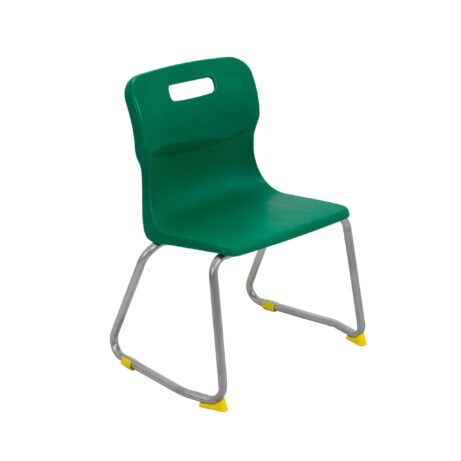 Titan Skid Base Chair, Size 3, featuring a green plastic seat and silver frame with yellow foot caps.
