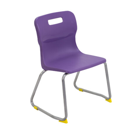 Titan Skid Base Chair, Size 3, featuring a purple plastic seat and silver metal frame with yellow plastic feet.