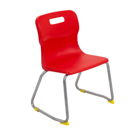 Titan Skid Base Chair, Size 3, red plastic seat with a silver frame and yellow foot caps.