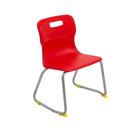 Titan Skid Base Chair, Size 3, red plastic seat with a silver frame and yellow foot caps.
