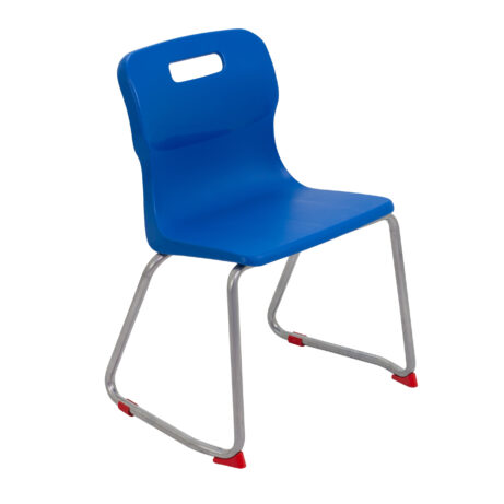 Titan Skid Base Chair, Size 4, featuring a blue plastic seat and a silver metal base with red protective feet.