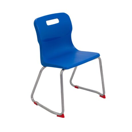 Titan Skid Base Chair, Size 4, featuring a blue plastic seat and a silver metal base with red protective feet.
