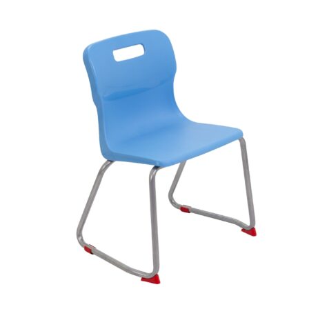Titan Skid Base Chair, Size 4, Sky Blue, features a durable plastic seat with a silver metal frame and red rubber feet.