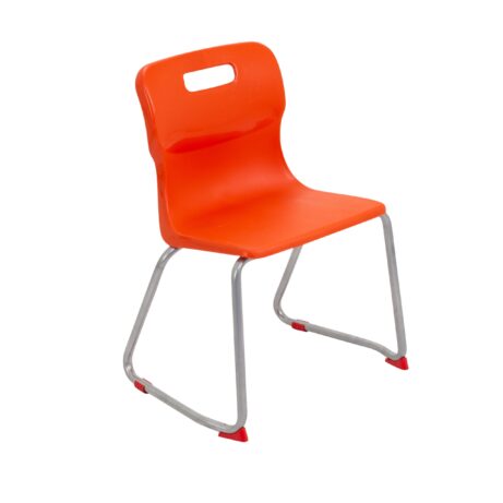 Titan Skid Base Chair, Size 4, orange plastic seat with metal frame and red shoe tips.