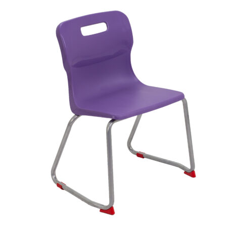 Titan Skid Base Chair, Size 4, with a purple plastic seat and chrome legs featuring red plastic foot caps.