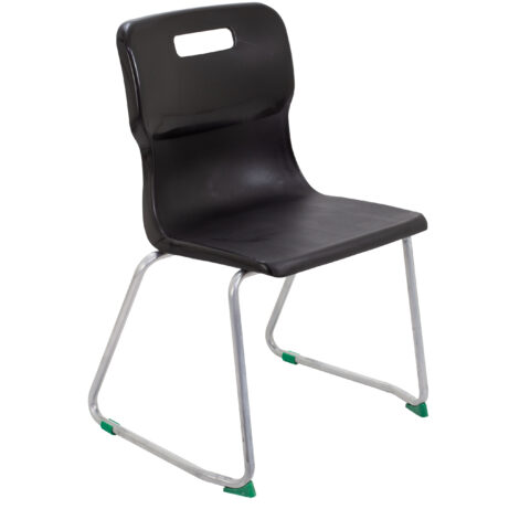 Titan Skid Base Chair, Size 5, black plastic seat, chrome frame with green feet.