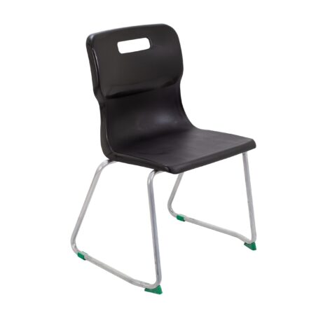 Titan Skid Base Chair, Size 5, black plastic seat, chrome frame with green feet.