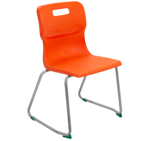 Titan Skid Base Chair, Size 5, featuring an orange plastic seat and chrome base with green floor protectors.