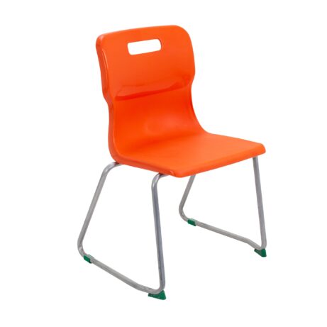 Titan Skid Base Chair, Size 5, featuring an orange plastic seat and chrome base with green floor protectors.