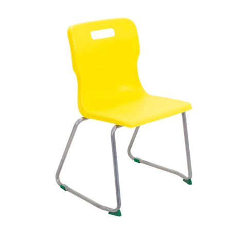 Titan Skid Base Chair, Size 5, yellow plastic seat with a metal frame and green feet glides.