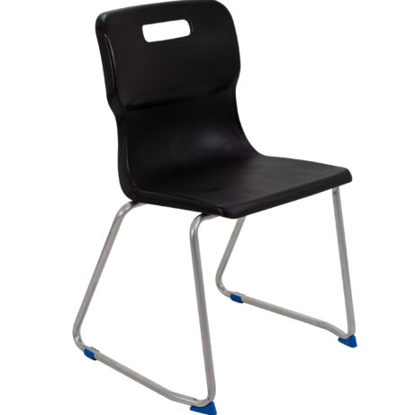 Titan Skid Base Chair, Size 6, featuring a black seat and chrome skid base with blue feet.