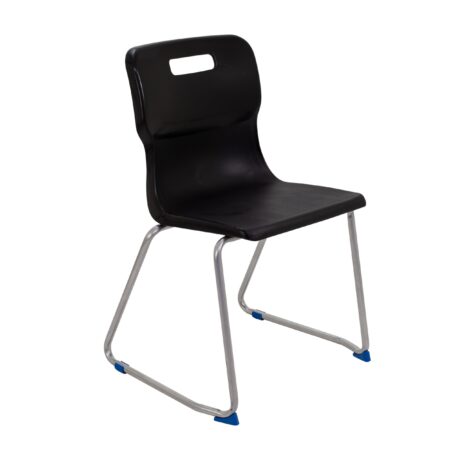Titan Skid Base Chair, Size 6, featuring a black seat and chrome skid base with blue feet.