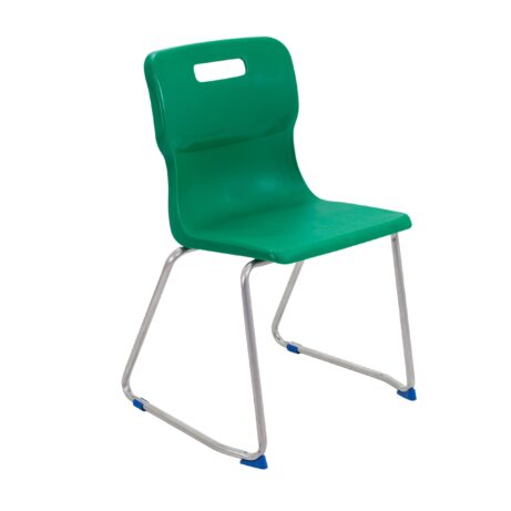 Titan Skid Base Chair, Size 6, green plastic seat with silver metal frame and blue feet.