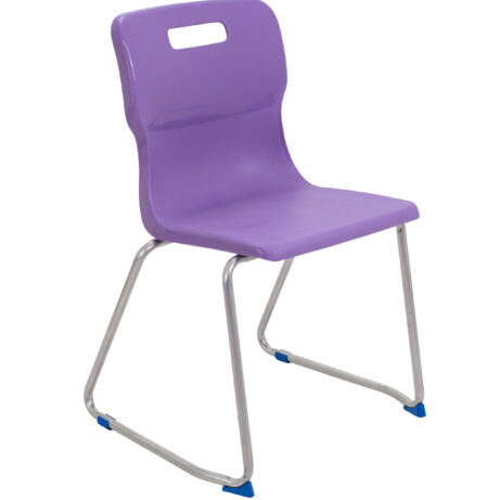 Titan Skid Base Chair, Size 6, purple plastic seat with a silver metal frame and blue feet.