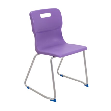 Titan Skid Base Chair, Size 6, purple plastic seat with a silver metal frame and blue feet.