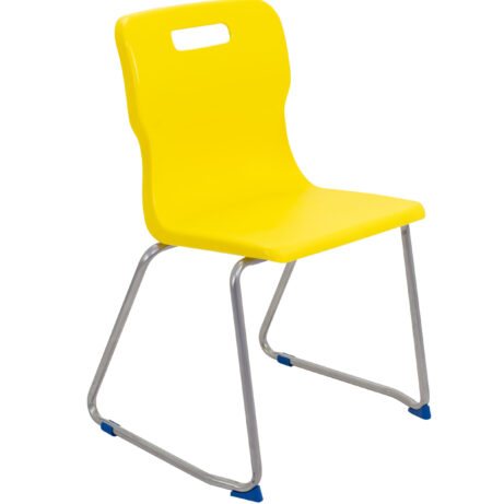 Titan Skid Base Chair, Size 6, in vibrant yellow with a sleek silver frame and blue plastic feet.
