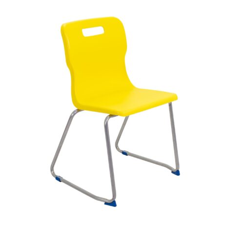 Titan Skid Base Chair, Size 6, in vibrant yellow with a sleek silver frame and blue plastic feet.
