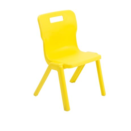 Titan One Piece Chair, Size 3, in vibrant yellow, with a sturdy design and handle cutout on the back.
