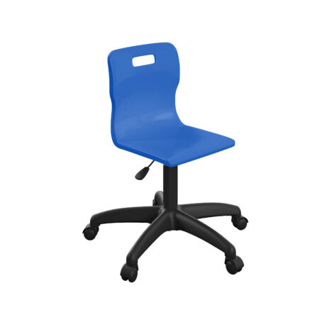 Titan Swivel Junior Chair, Size 3-4, blue plastic seat, black plastic base with castors.