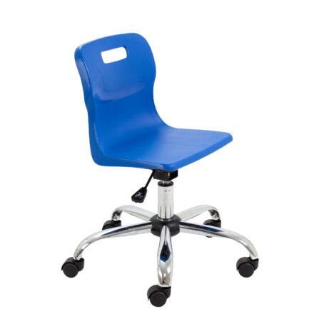 Titan Swivel Junior Chair, Size 3-4, with a blue seat and chrome base, featuring castors for mobility.